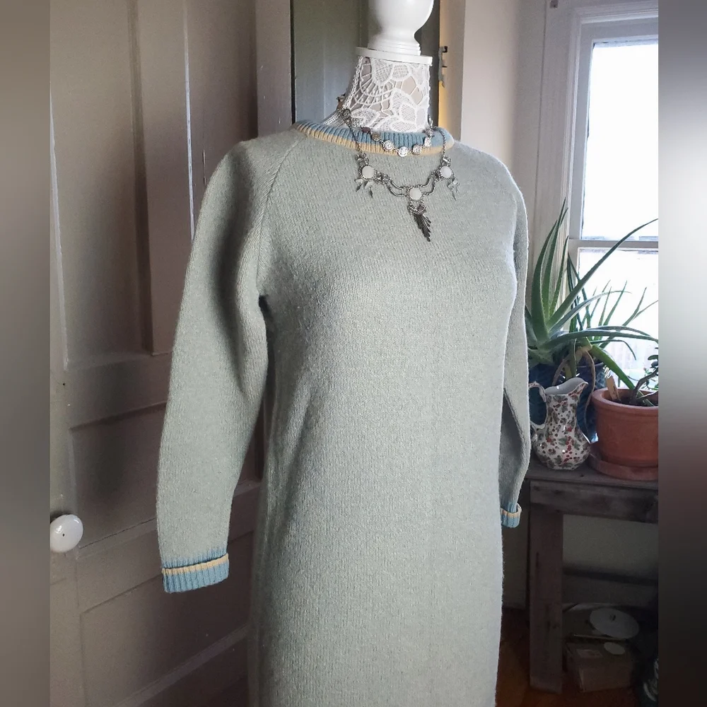 Vintage 70s Sears Shetland Wool Blue Ivory Sweater Dress Knit S / M - Picture 2 of 16